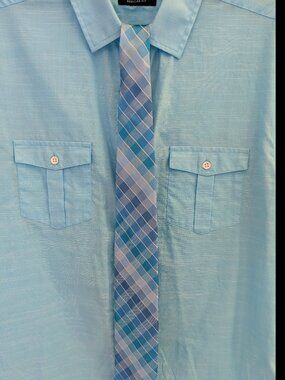 Alfani Short Sleeve Aqua Button-Up Shirt With Pockets M + Tie